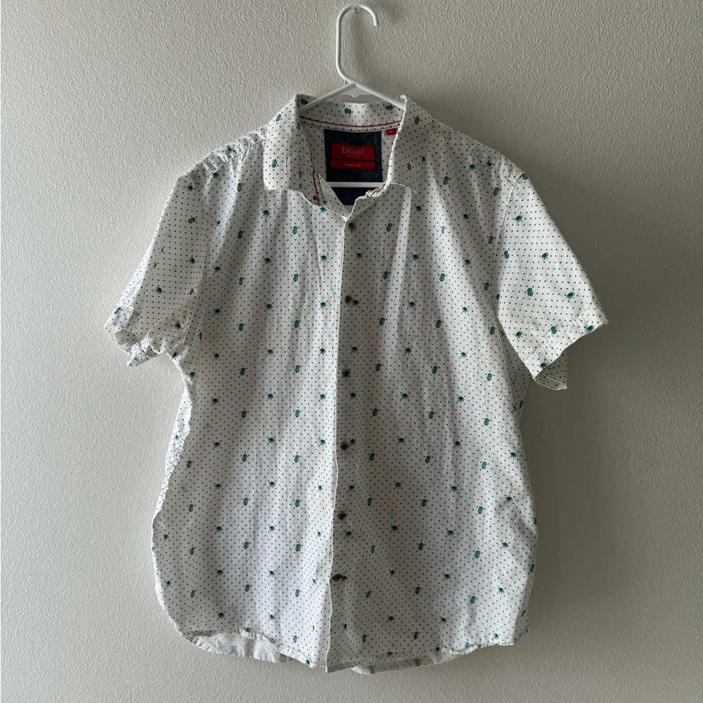 Men's White and Green Polka Dot Shirt